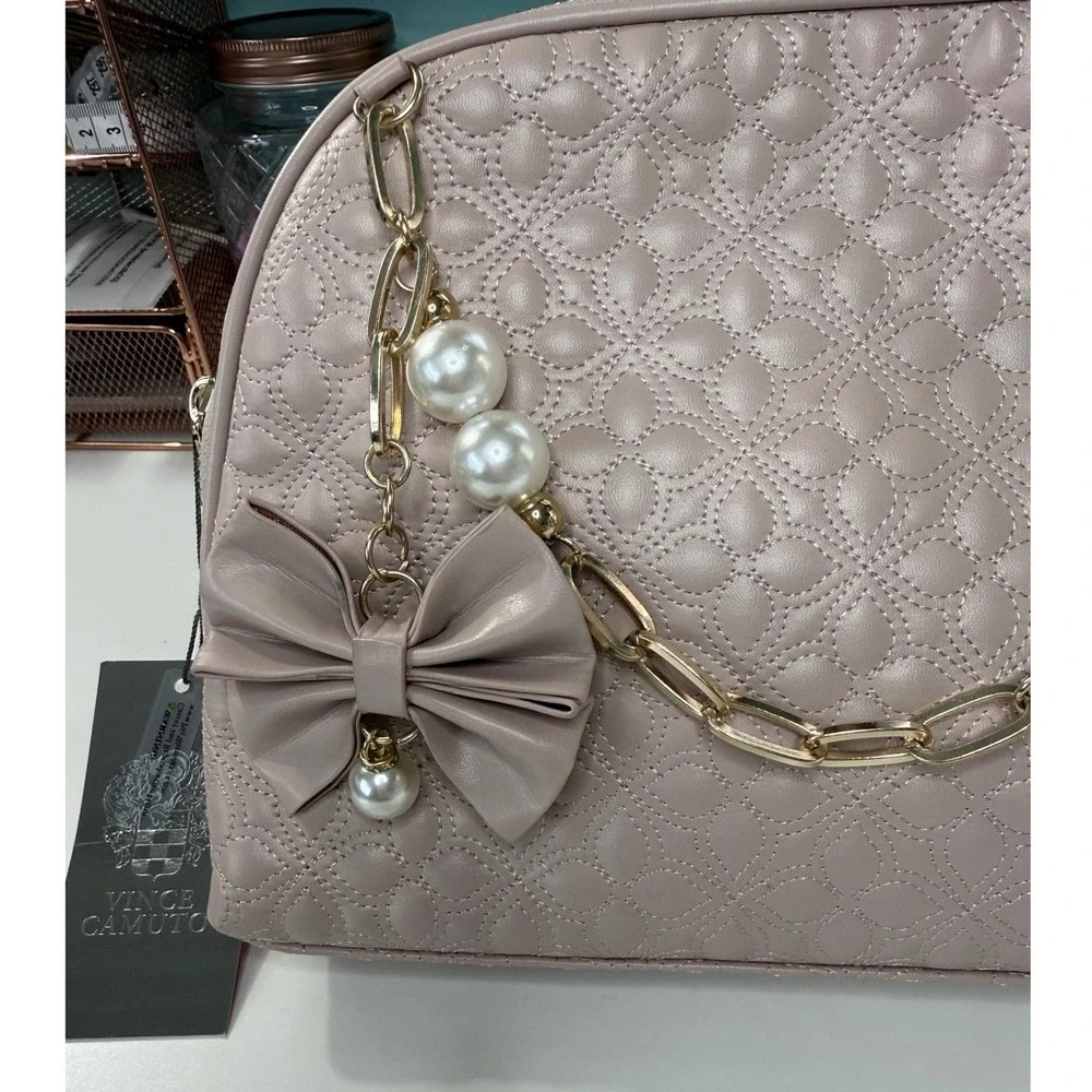 Vince Camuto Blush‎ Pink Quilted Makeup Bag Pearl Chain Bow Vanity Case NWT